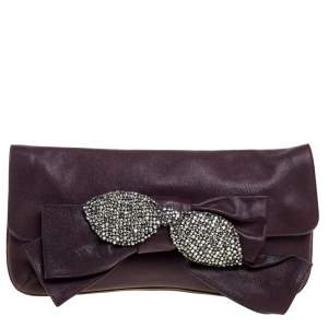 Pre Owned Chloe Burgundy Leather Bow Crystal Embellished Clutch