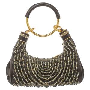 Pre Owned Chloe Dark Brown Beaded Satin Ring Handle Hobo
