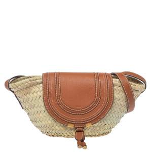 Pre Owned Chloe Beige/Tan Braided Raffia and Leather Small Marcie Basket Bag 