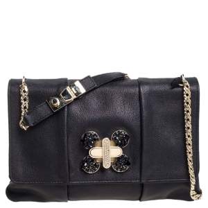 Pre Owned Chloe Black Crystal Embellished Leather Flap Shoulder Bag