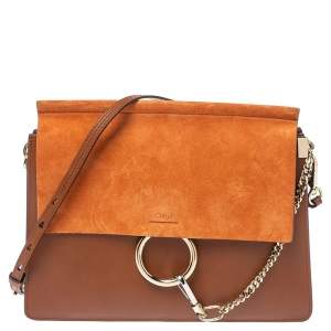 Pre Owned Chloe Brown/Orange Leather ad Suede Faye Medium Shoulder Bag 