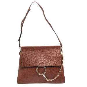 Pre Owned Chloe Brown Croc Embossed Leather Medium Faye Shoulder Bag