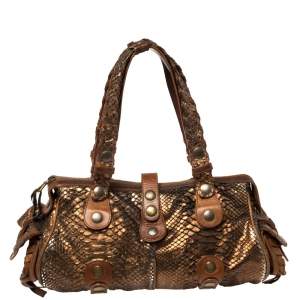 Pre Owned Chloe Brown/Bronze Python and Leather Silverado Satchel