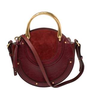 Pre Owned Chloe Maroon Leather and Suede Small Pixie Round Crossbody Bag