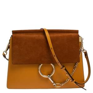 Pre Owned Chloe Yellow/Brown Leather and Suede Medium Faye Shoulder Bag