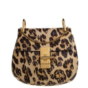 Pre Owned Chloe Brown/Beige Leopard Print Leather Mini Drew Shoulder Bag