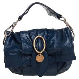 Pre Owned Chloe Navy Blue Glazed Leather Buckle Bow Fold Over Clutch Bag