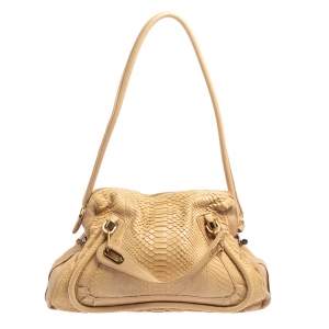 Pre Owned Chloe Beige/Cream Python and Leather Large Paraty Shoulder Bag