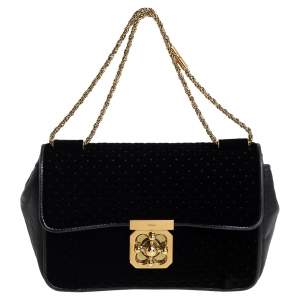 Pre Owned Chloé Black Velvet and Leather Medium Elsie Shoulder Bag