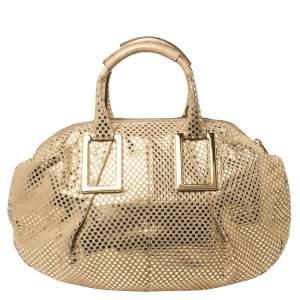 Pre Owned Chloe Metallic Gold/Beige Checkered Leather Ethel Satchel