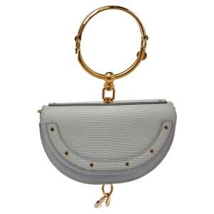 Pre Owned Chloé Grey Lizard Embossed Leather Small Nile Bracelet Minaudiere Crossbody Bag