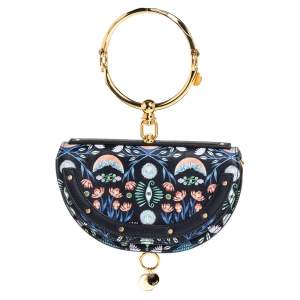 Pre Owned Chloe Black Floral Print Leather Small Nile Bracelet Minaudiere Crossbody Bag