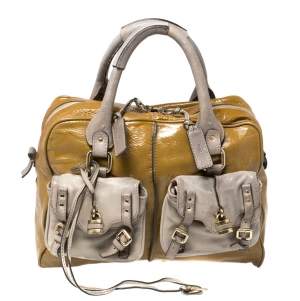 Pre Owned Chloe Olive Green/Grey Patent And Leather Double Pocket Paddington Satchel