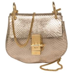 Pre Owned Chloe Metallic Gold Python Mini Drew Shoulder Bag