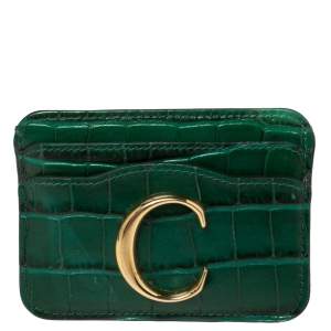 Pre Owned Chloe Green Croc Embossed Leather 'C' Card Holder