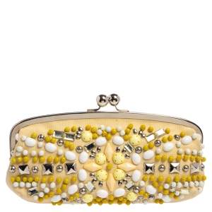 Pre Owned Chloe Cream Canvas Studded Kisslock Clutch