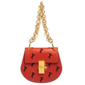 Pre Owned Chloe Red Embroidered Horses Leather Small Drew Bijou Crossbody Bag