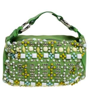 Pre Owned Chloe Green Canvas and Leather Beaded Hobo