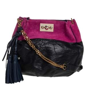 Pre Owned Chloe Black/Magenta Leather and Suede Tassel Chain Hobo