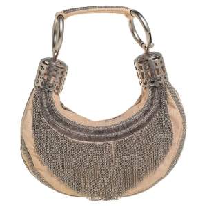 Pre Owned Chloe Cream Canvas Metal Fringed Crescent Hobo