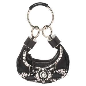 Pre Owned Chloe Black Leather Mini Crystal Embellished Crescent Hobo