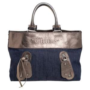 Pre Owned Chloe Metalic/Blue Canvas And Denim Logo Satchel 