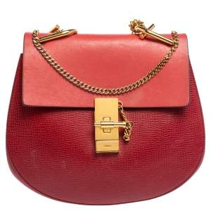 Pre Owned Chloe Two Tone Red Leather Medium Drew Shoulder Bag