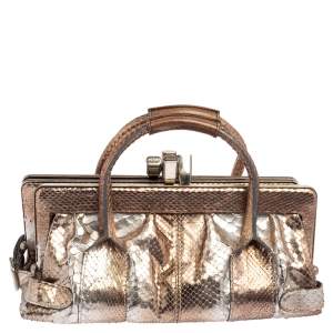 Pre Owned Chloe Metallic Beige/Grey Snakeskin Kisslock Frame Satchel