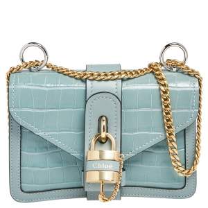 Pre Owned Chloe Pale Green Croc Embossed Leather Mini Aby Shoulder Bag