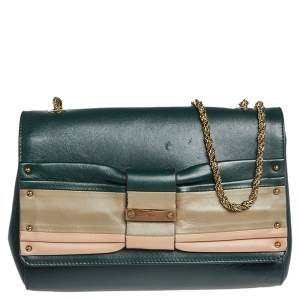 Pre Owned Chloe Green/Beige Leather Bow Flap Shoulder Bag