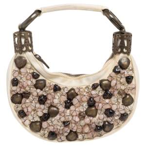 Pre Owned Chloé White Fabric Small Pebbles Stone Embellished Hobo