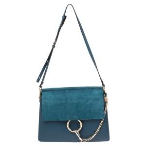 Pre Owned Chloe Teal Blue Leather and Suede Medium Faye Shoulder Bag