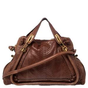 Pre Owned Chloe Brown Python Leather Large Paraty Shoulder Bag