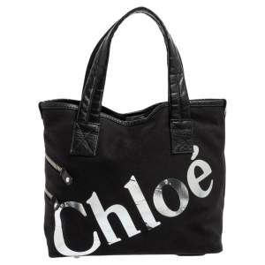 Chloe Black/Silver Canvas and Leather Logo Printed Tote