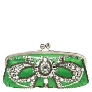 Pre Owned Chloe Green Satin Crystal Embellished Clutch