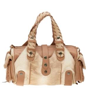 Pre Owned Chloe Beige/Brown Shimmering Python and Leather Silverado Satchel