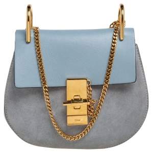 Pre Owned Chloe Light Blue Leather and Suede Mini Drew Shoulder Bag