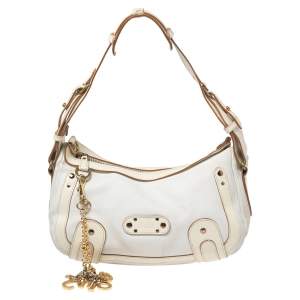 Pre Owned Chloe White/Cream Leather Logo Charm Shoulder Bag