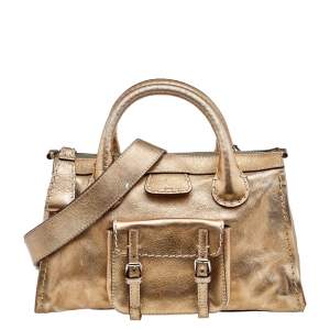 Pre Owned Chloe Metallic Gold Leather Front Pocket Edith Satchel