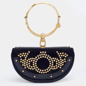 Pre Owned Chloe Navy Blue Leather And Suede Small Nile Bracelet Minaudiere Shoulder Bag