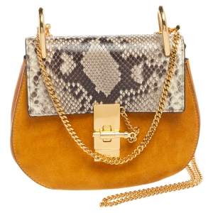 Pre Owned Chloe Mustard/Brown Suede and Python Small Drew Shoulder Bag