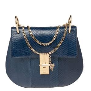 Pre Owned Chloé Dark Blue Snake Skin Medium Drew Shoulder Bag