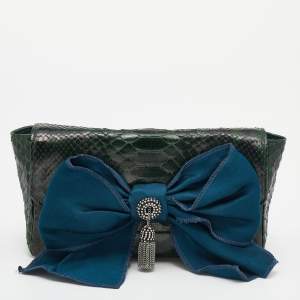 Chloe Green Python Bow Embellished Clutch