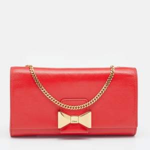 Pre Owned Chloe Red Leather Bow Chain Clutch