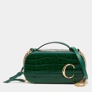 Pre Owned Chloe Green Croc Embossed Leather Mini C Vanity Shoulder Bag
