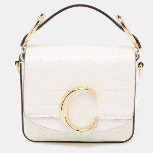 Pre Owned Chloe Off White Croc Embossed Leather Mini C Top Handle Bag