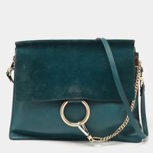 Pre Owned Chloe Dark Green Leather and Suede Medium Faye Shoulder Bag
