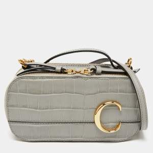 Pre Owned Chloe Grey Croc Embossed Leather C Vanity Crossbody Bag
