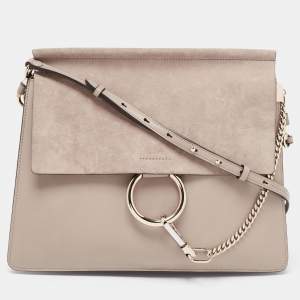 Pre Owned Chloe Taupe Leather and Suede Medium Faye Shoulder Bag