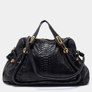 Pre Owned Chloe Black Python and Leather Large Paraty Shoulder Bag